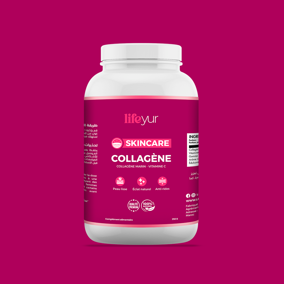 Collagène Marin Lifeyur Skincare avec Vitamine C pour une peau lisse et éclatante, complément alimentaire premium disponible partout au Maroc.