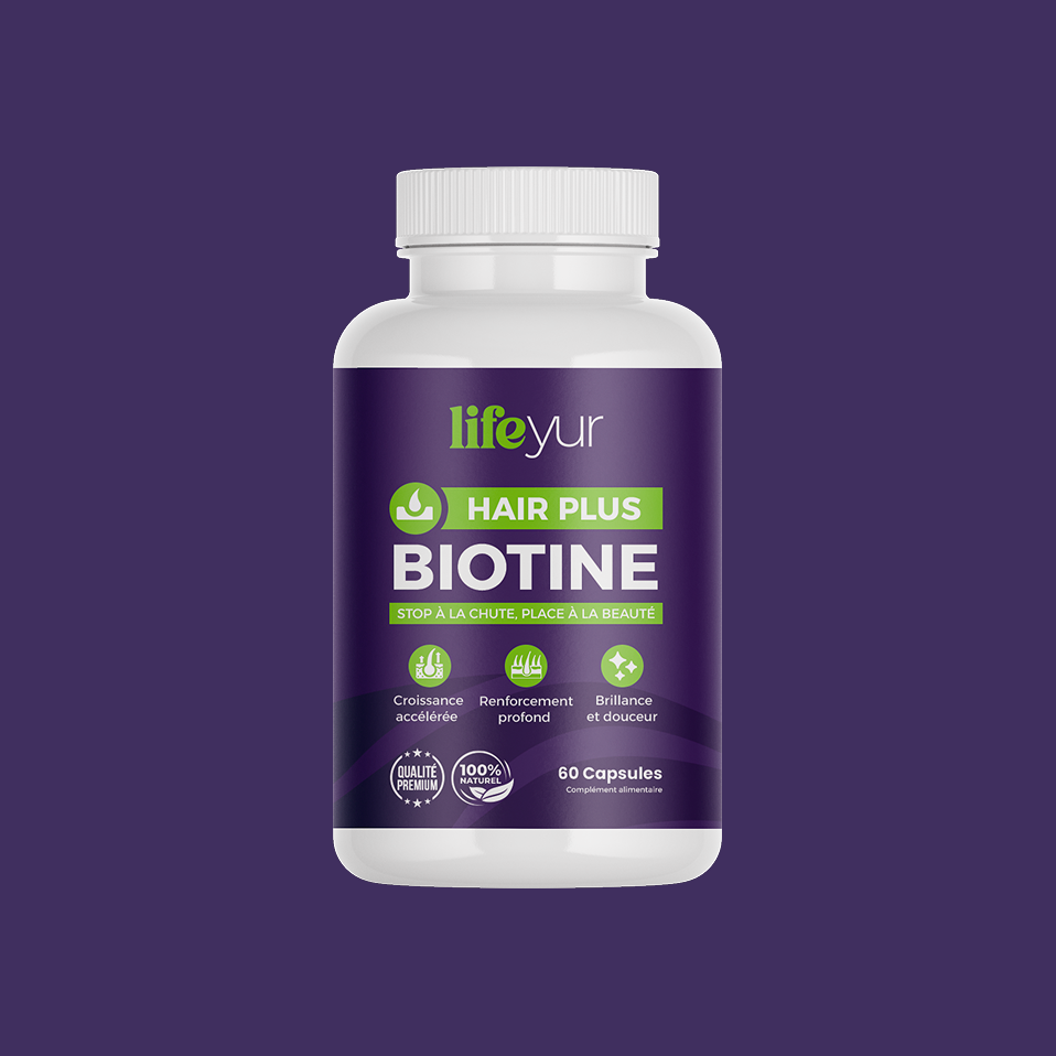 Lifeyur Hair Plus Biotine, 60 capsules pour croissance accélérée et stop à la chute des cheveux, disponible partout au Maroc.