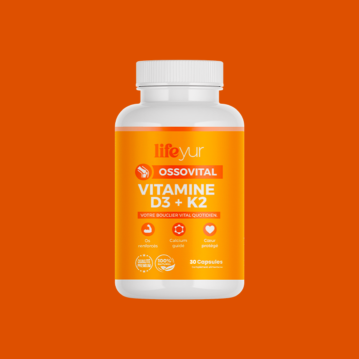 Complément alimentaire Lifeyur Ossovital Vitamine D3 + K2 en flacon de 30 capsules, disponible partout au Maroc.