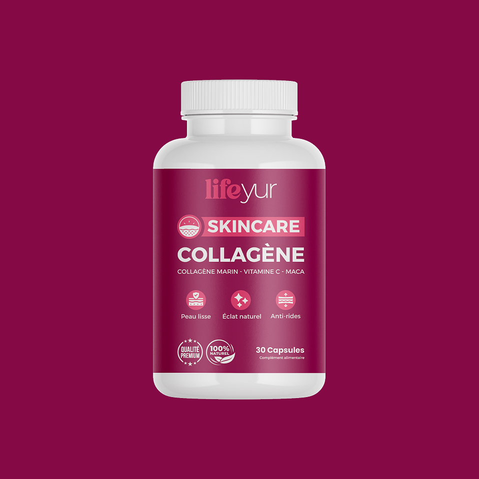 Bouteille de complément alimentaire "Lifeyur Skincare Collagène", contenant 30 capsules. Le produit est enrichi en collagène marin, vitamine C et maca, et promet une peau lisse, un éclat naturel et une action anti-rides. Emballage rose sur fond bordeaux.


