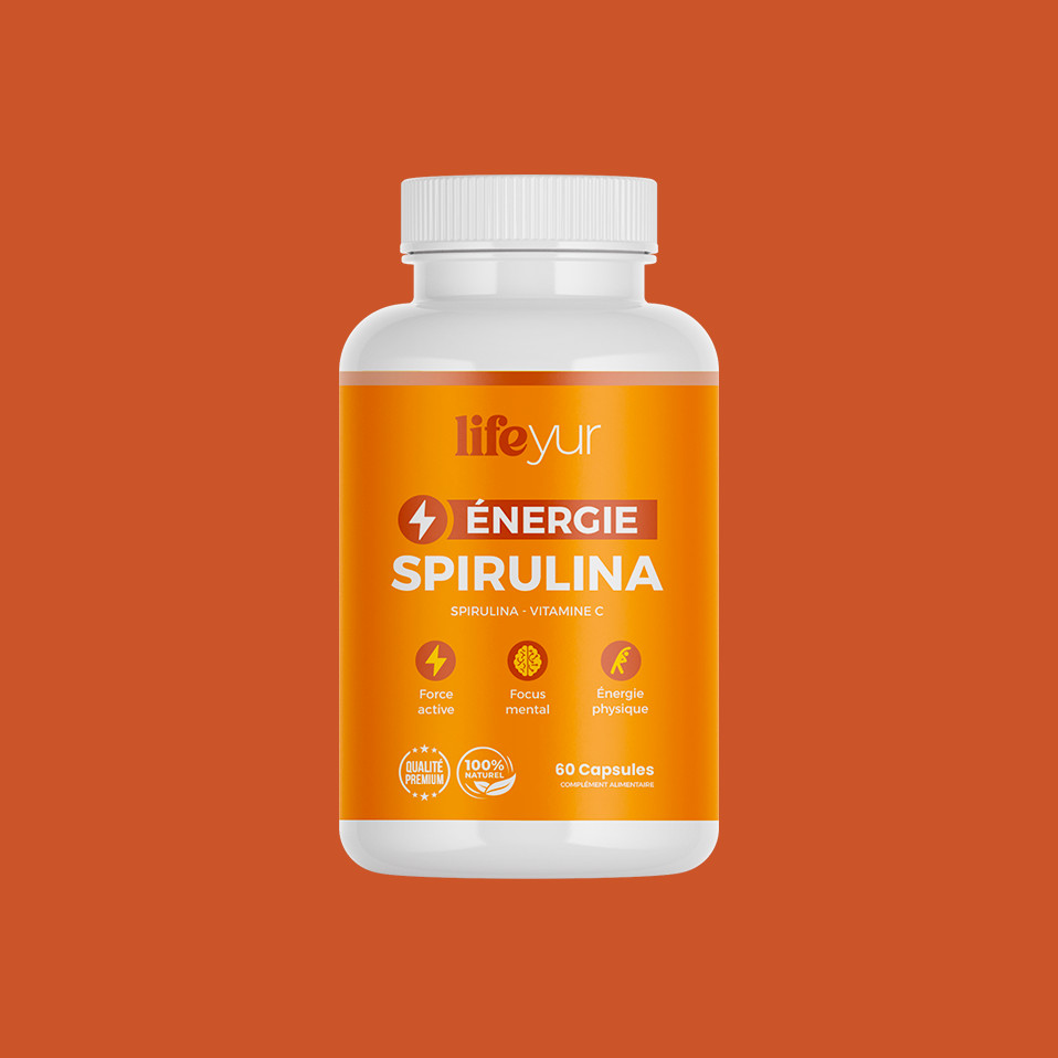 Énergie Spirulina et Vitamine C, 60 capsules pour force active et focus mental, disponible partout au Maroc.