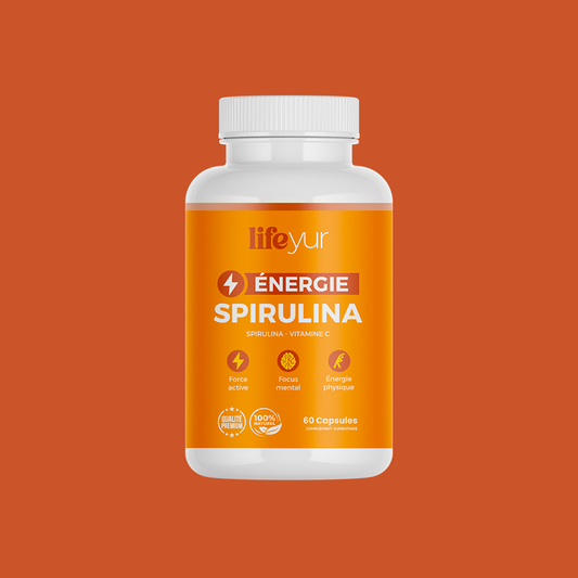 Énergie Spirulina et Vitamine C, 60 capsules pour force active et focus mental, disponible partout au Maroc.